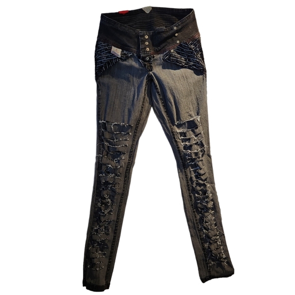 *NEW* FOXY  Tall Black size 7 ripped jeans low waist skinny - Picture 5 of 16